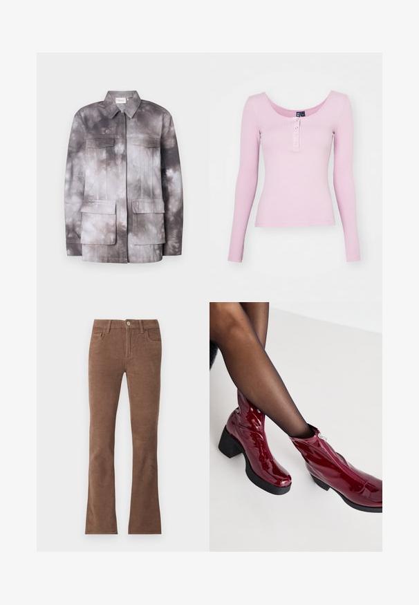 Ľahká bunda s motívom tzv. tie-dye v odtieňoch sivej a krémovej. Obsahuje dve náprsné vrecká a predný zips. Hladká textúra a štruktúrovaný dizajn.; Ružový rebrovaný top s dlhým rukávom so zaobleným výstrihom a piatimi patentkami na prednej strane. Hladká textúra s priliehavým strihom.; Hnedé manžestrové nohavice s gombíkom a zipsom, štýl s piatimi vreckami a mierne rozšírenými nohavicami.; Červené lakované kozačky po členky s robustným čiernym opätkom a detailom na zips. Hladká textúra, štíhly dizajn s okrúhlou špičkou.