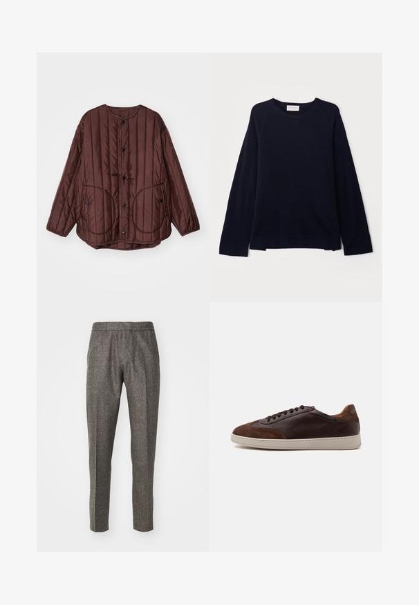 Bruine gestikte jas met een ronde halslijn, drukknoopsluiting, twee grote ronde zakken en textuur in verticale stiksels overal.; OFFICINE GENERALE NATE CNECK - Trui - black; Grijze wollen broek met een op maat gemaakt ontwerp, voorzien van een gladde textuur, rechte pijpen en subtiele stikhoudingen.; Lage bruine leren en suède sneaker met donkerbruine veters en een witte rubberen zool, gezien vanaf de buitenkant.