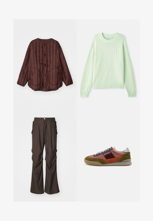 Chaqueta acolchada marrón con cuello redondo, botones a presión, dos grandes bolsillos circulares y costuras verticales texturizadas en toda la prenda.; Suéter de punto verde claro con cuello redondo, puños acanalados y dobladillo. Presenta un sutil detalle del logo en el lado izquierdo del pecho.; Pantalones marrones ajustados con un diseño de pierna ancha, que cuentan con bolsillos laterales y un cierre frontal con botón. Tejido suave con sutiles plisados.; PS Paul Smith DOVER - Zapatillas - pink