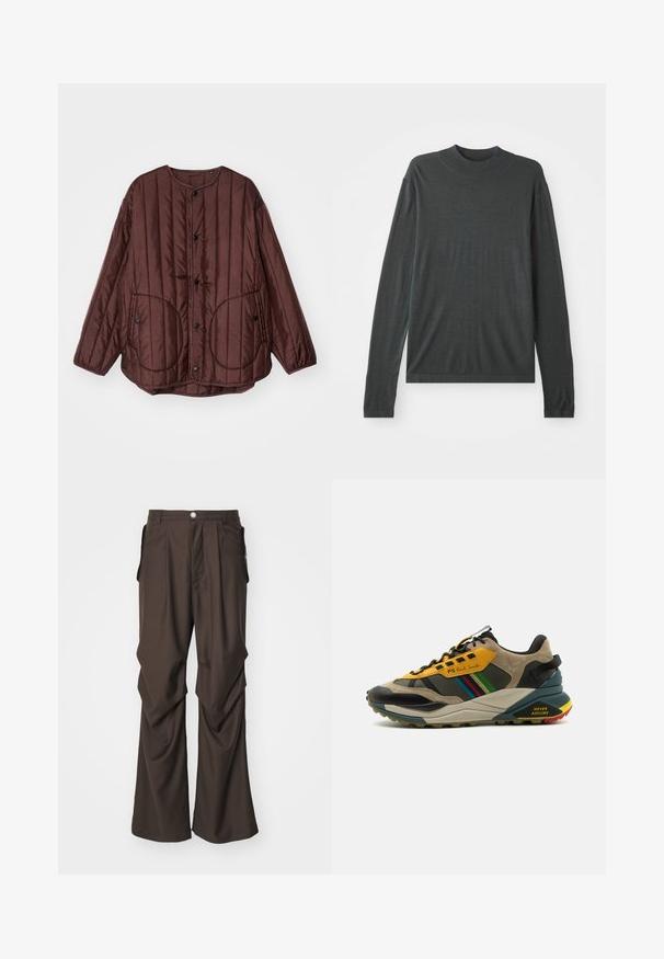Brun quiltet jakke med rund halsudskæring, trykknapper, to store cirkulære lommer og tekstureret lodret syning over hele jakken.; Mørkegrå langærmet strikket sweater med høj, ribbet krave. Blød tekstur, afslappet pasform og ingen synlige mønstre eller hardwaredetaljer.; Brune skræddersyede bukser med bred ben-design, der har sidelommer og lukning med frontknap. Glat stof med diskrete plisseringer.; Multifarvede sneakers med en blanding af suede og mesh-materialer, i en gul og sort farveskema, strukturerede såler og sideaccenter.