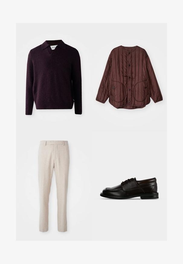 Veste matelassée brune avec un col rond, des boutons pression, deux grandes poches circulaires et des coutures verticales texturées sur toute sa surface.; Pull en maille de couleur violet foncé avec un col en V, des manches longues et une finition texturée. Présente un col classique et une étiquette sur le côté.; Pantalons tissés beiges à coupe droite, avec une taille plate, des passants de ceinture et sans motifs ni détails matériels visibles.; Chaussure habillée en cuir marron foncé à lacets, bout arrondi et petit talon empilé, vue de profil.