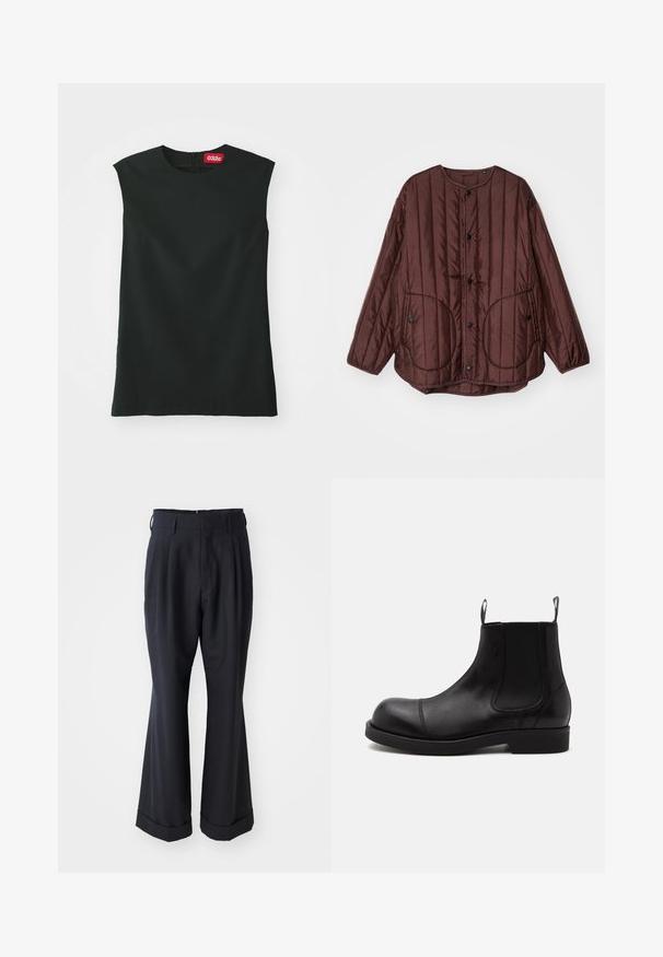 Veste matelassée brune avec un col rond, des boutons pression, deux grandes poches circulaires et des coutures verticales texturées sur toute sa surface.; Un haut sans manches noir avec un col rond, en tissu lisse, et une fermeture éclair au dos. Il présente une petite étiquette rouge avec le logo "032c" au niveau du cou.; Pantalons noirs ajustés avec une coupe décontractée, devant plissé et jambes larges. Caractéristiques d'un ourlet à retournement et d'une texture de tissu lisse.; Bottine Chelsea en cuir noir à bout arrondi, panneaux latéraux élastiques, languettes à l’avant et à l’arrière, semelle plate, vue de côté sur fond blanc.