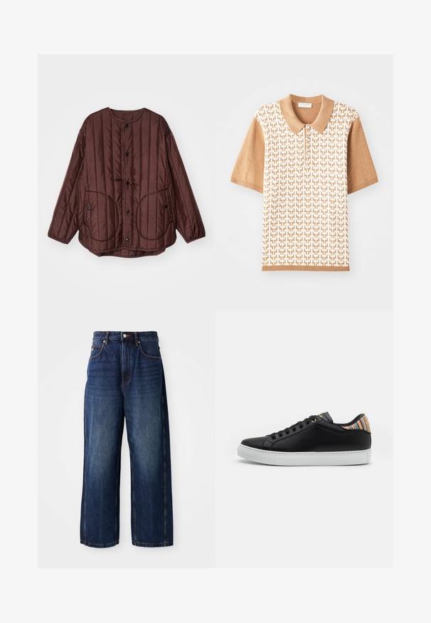 Chaqueta acolchada marrón con cuello redondo, botones a presión, dos grandes bolsillos circulares y costuras verticales texturizadas en toda la prenda.; Polo de manga corta con un patrón texturizado beige, cuello y puños en marrón claro, con tres botones y diseños geométricos.; Pantalones vaqueros de pierna ancha en azul oscuro, fabricados en denim. Presentan una cinturilla clásica con trabas para cinturón, bolsillos frontales y una silueta recta.; Zapatilla de cuero negra con suela de goma blanca, que presenta un acento a rayas multicolor en el talón y cordones negros con ojales dorados.