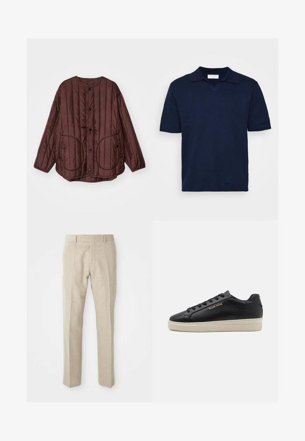 Brun quiltet jakke med rund halsudskæring, trykknapper, to store cirkulære lommer og tekstureret lodret syning over hele jakken.; Mørkeblå kortærmet polo-shirt med v-udskæring, lavet af struktureret stof, med en diskret mærkeetiket på halsudskæringen.; Beige skræddersyede bukser lavet af tekstureret stof, med flad front, lige ben og en traditionel talje med bæltesløjfer.; Sorte lædersneakers med en glat finish, kontrasterende cremefarvet sål, rund tå, guld logo på siden og seks huller til snørebånd.