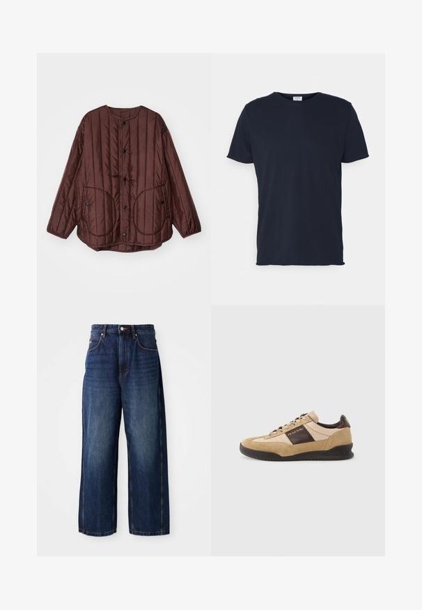 Bruine gestikte jas met een ronde halslijn, drukknoopsluiting, twee grote ronde zakken en textuur in verticale stiksels overal.; Navyblauwe katoenen t-shirt met ronde hals en korte mouwen, met een gladde textuur en eenvoudig ontwerp, zonder zichtbare patronen of accenten.; Donkerblauwe wijde-denim jeans. Kenmerken zijn een klassieke tailleband met riemlussen, zwarte zakken aan de voorkant en een rechte silhouet.; Beige suède sneaker met een getextureerd bruin paneel, contrasterende bruine hiel en meerkleurige veters. Voorzien van een zwarte rubberen zool en gouden merklogo.