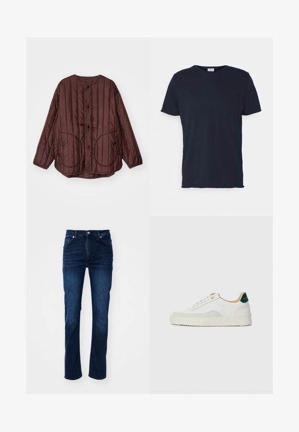 Braune gesteppte Jacke mit rundem Ausschnitt, Druckknöpfen, zwei großen runden Taschen und strukturiertem vertikalen Nähten über die gesamte Jacke.; Marineblaue Baumwoll-T-Shirt mit Rundhalsausschnitt und kurzen Ärmeln, mit einer glatten Oberfläche und einfachem Design, ohne sichtbare Muster oder Akzente.; Dunkelblaue Jeans aus Denim im geraden Schnitt, mit einem klassischen Fünf-Taschen-Design und dezenten Nähdetails.; Weiße Sneaker mit Wildlederelementen, runder Zehenpartie, flachen Schnürsenkeln und einer cremefarbenen Gummisohle. Mit grünen Markenlogo am Fersenbereich.