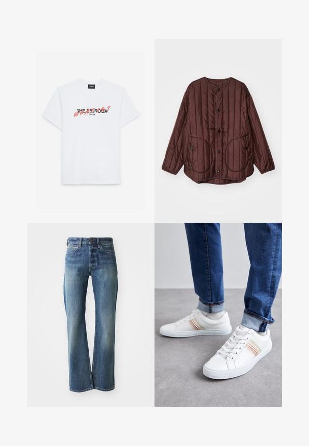 Bruine gestikte jas met een ronde halslijn, drukknoopsluiting, twee grote ronde zakken en textuur in verticale stiksels overal.; Witte katoenen T-shirt met korte mouwen, voorzien van een zwart en koraal grafisch ontwerp. De tekst luidt: "DE KOOPLES? WAT?" en "PARIJS."; Denim jeans in een licht tot gemiddeld blauwe kleur, met een recht gesneden pijp, klassiek vijf-pocket ontwerp en subtiele vervaging aan de voorkant.; Witte leren sneakers met meerkleurige strepen, vetersluiting, rubberen zool en gevoerd kraagje, gecombineerd met blauwe spijkerbroek.