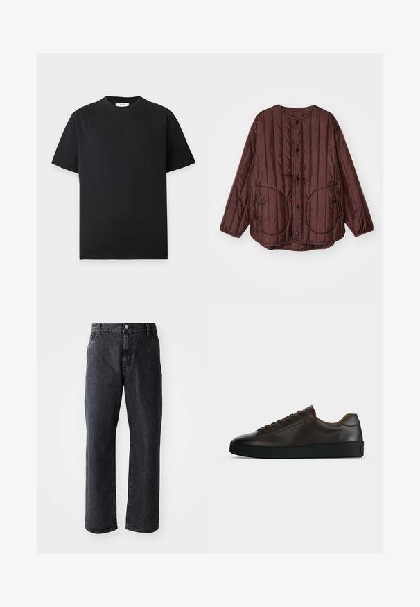 Veste matelassée brune avec un col rond, des boutons pression, deux grandes poches circulaires et des coutures verticales texturées sur toute sa surface.; T-shirt noir uni à manches courtes et col rond avec une petite étiquette blanche à l'intérieur du col sur un fond gris clair.; Jeans en denim noir à coupe droite, avec une fermeture à bouton, cinq poches et une texture subtile. Design classique sans motifs proéminents.; Baskets basses en cuir marron foncé avec semelle en caoutchouc noire, lacets à l'avant et design minimaliste épuré sur fond clair.