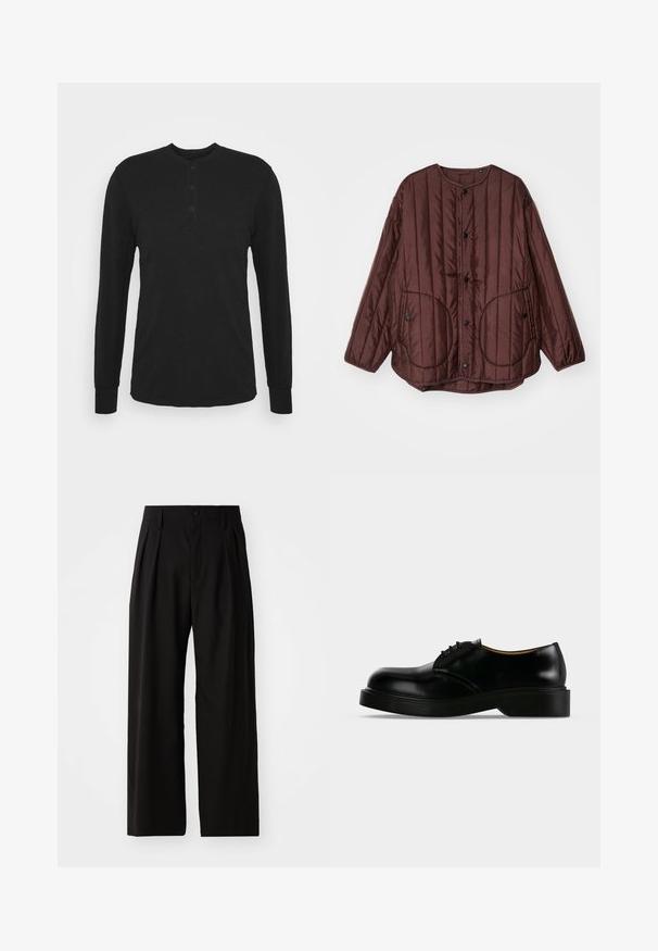 Chaqueta acolchada marrón con cuello redondo, botones a presión, dos grandes bolsillos circulares y costuras verticales texturizadas en toda la prenda.; Camisa negra de manga larga con cuello redondo, tapeta de tres botones y puños ajustados. Está hecha de una tela suave con una textura lisa.; Pantalones de pierna ancha negros con una textura suave, que cuentan con dos pliegues frontales, cierre de botón y bolsillos laterales. Tejido duradero.; Zapato de vestir negro de cuero pulido con cordones, suela gruesa, punta redondeada y tacón bajo, mostrado de lado sobre un fondo liso.