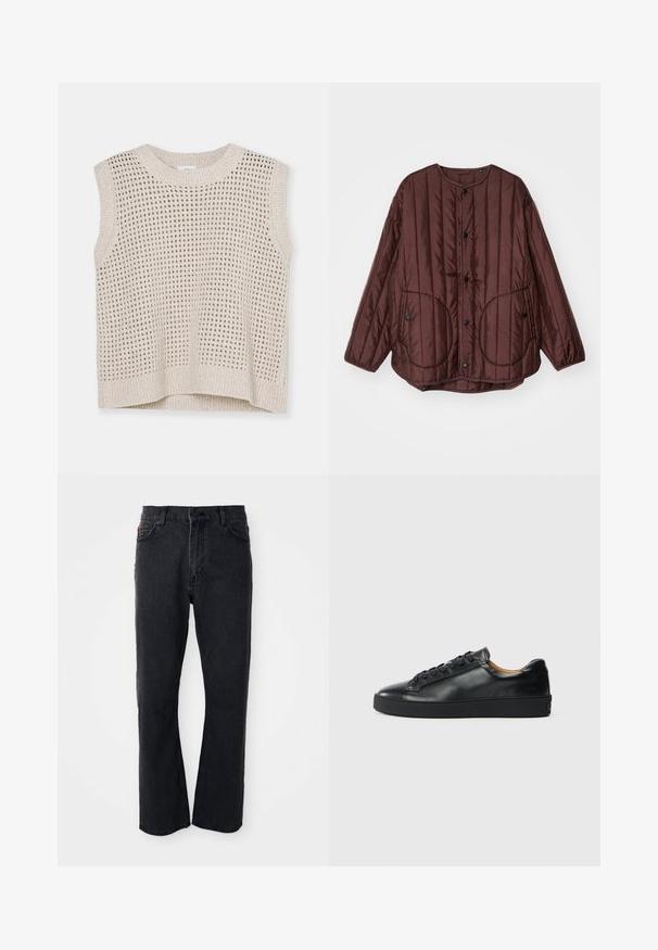Veste matelassée brune avec un col rond, des boutons pression, deux grandes poches circulaires et des coutures verticales texturées sur toute sa surface.; Débardeur en tricot sans manches de couleur beige clair avec un motif en maille ouverte, col rond et ourlet côtelé. Texture douce ; design décontracté adapté aux superpositions.; Jean en denim noir avec une coupe droite, taille haute, fermeture par bouton, et des détails de couture subtils le long des poches et des coutures.; Baskets en cuir noir avec une texture lisse, bout rond et fermeture à lacets. Comprend une semelle en caoutchouc épaisse et un minimum de détails de marque.