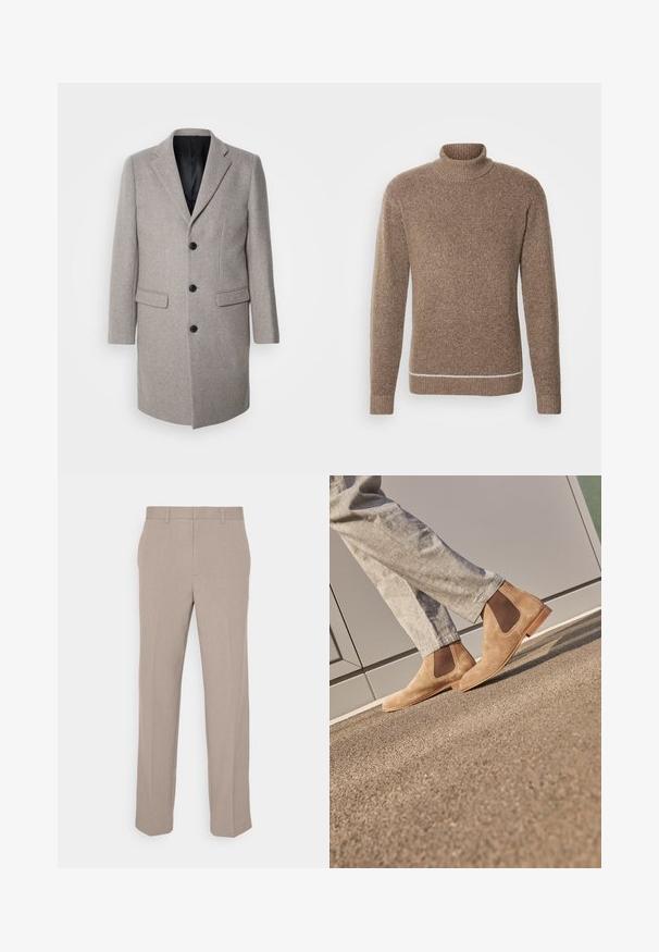 Lichtgrijze wollen jas met een op maat gemaakt ontwerp, ingesneden revers en drie zwarte knopen. Heeft twee voorzakken en een zwarte binnenvoering.; INDICODE JEANS Trui - otter; Beige broek van lichtgewicht stof, met een recht model en een platte voorkant. Geen zichtbare patronen of versieringen.; Bruine suède Chelsea-boots met elastische zijpanelen en een gladde tan rubberen zool, gecombineerd met lichtgrijze broek op een gestructureerd oppervlak.