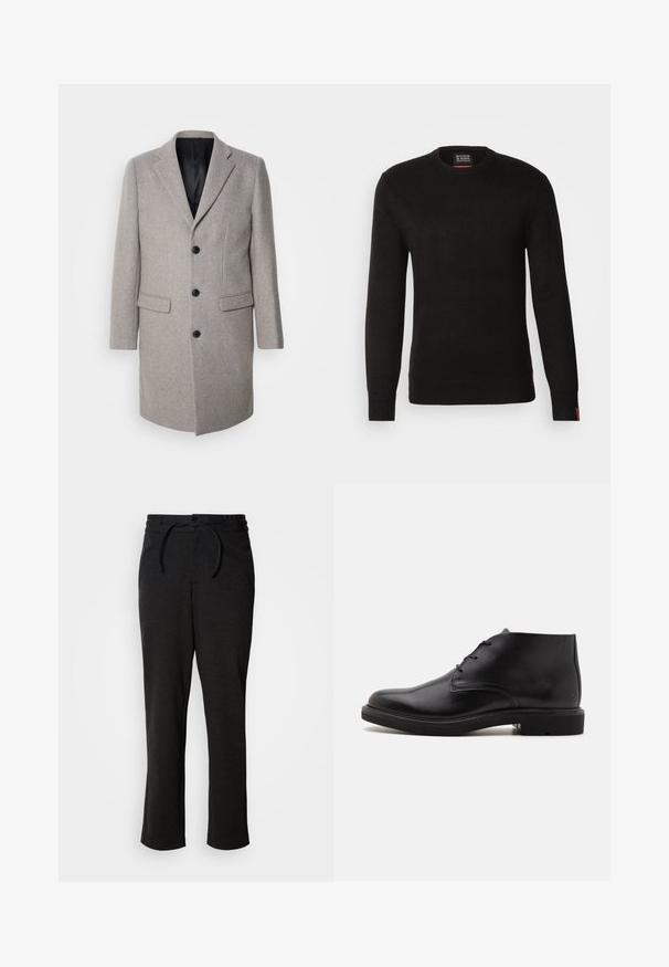 Heledhalli villasee mantel, millel on kohandatud disain, sälgudega krae ja kolm musta nööpi. Sellel on kaks esikäe taskut ja must sisu.; Scotch & Soda REGULAR FIT CREW NECK - Džemper - meteorite; Mustad lõngast valmistatud püksid, millel on stringiga vöökoht, sirged sääred ja küljetaskud. Pehme tekstuur ja sile viimistlus.; Mustast nahast pahkluu saabas kolme silmusega paeltega, ümar nina ja lameda tallaga ühevärvilisel heledal taustal.