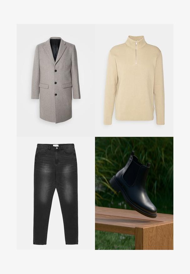 Hellgrauer Wollmantel mit maßgeschneiderter Design, Reverskragen und drei schwarzen Knöpfen. Verfügt über zwei Fronttaschen und ein schwarzes Innenfutter.; Beige Pullover mit Reißverschluss am Kragen, gerippter Struktur, langen Ärmeln und hochgeschlossenem Kragen. Verfügt über einen halbseitigen Reißverschluss und Seitenschlitze am Saum.; Schwarze Denim-Jeans mit einer ausgeblichenen Waschung, hoher Taille, Fünf-Taschen-Design und silberner Hardware. Gerade Beinform mit Kontrastnähten.; Schwarze Leder-Stiefelette mit elastischen Seitenpaneelen, schwebend über einer hölzernen Bank, mit grünem Laub im Hintergrund.