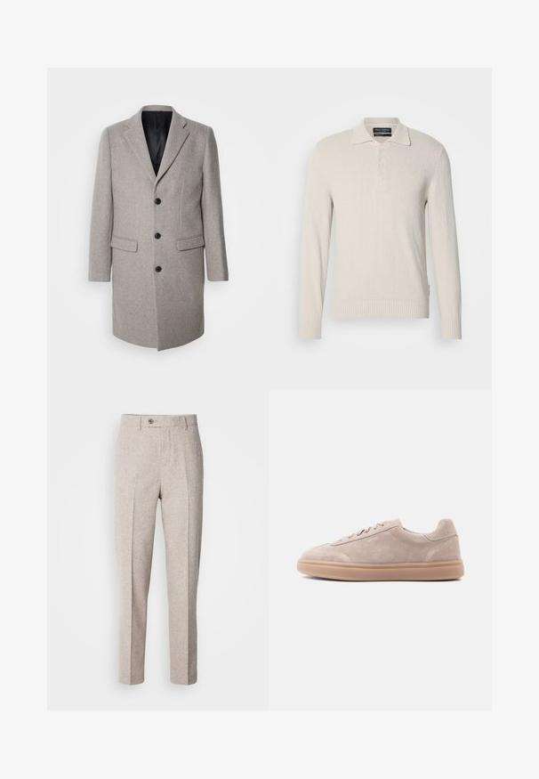 Lys grå uldfrakke med et skræddersyet design, runde slag og tre sorte knapper. Har to forlommer og en sort inderside.; Lys beige langærmet polo sweater i blødt strik med struktureret overflade, der har klassisk krave og tre-knaps lukning.; Lys beige uldslynger med en glat tekstur, lige snit, frontfolder og en enkelt knaplukning i taljen.; Beige ruskind lavtop sneaker med snørelukning og gummisål, vist i venstre sideprofil på en lys baggrund.