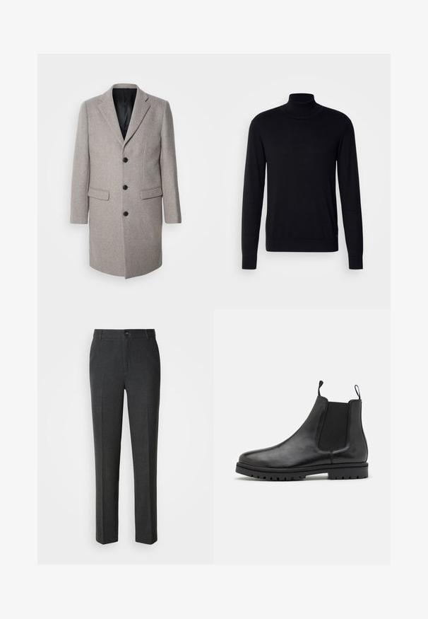 Manteau en laine gris clair au design ajusté, avec des revers crantés et trois boutons noirs. Il dispose de deux poches avant et d'une doublure noire.; Pull à col montant noir en tissu doux. Doté de manches longues, d'un col et de poignets côtelés, avec une texture lisse et sans motifs.; Pantalons gris foncé sur mesure en tissu lisse, dotés d'une fermeture à bouton, de deux poches avant et d'une coupe droite.; Bottines Chelsea en cuir noir avec des panneaux latéraux élastiques, des languettes de tirage et une semelle en caoutchouc texturé avec un motif de semelle.