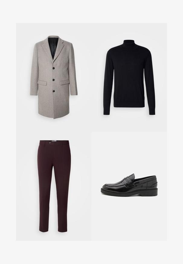 Manteau en laine gris clair au design ajusté, avec des revers crantés et trois boutons noirs. Il dispose de deux poches avant et d'une doublure noire.; Pull à col montant noir en tissu doux. Doté de manches longues, d'un col et de poignets côtelés, avec une texture lisse et sans motifs.; Pantalons bourgogne foncé à coupe slim, avec une fermeture à bouton, des passants de ceinture et des plis à l'avant. Tissu lisse avec un design élégant.; Mocassins en cuir noir avec une finition lisse, un bout rond, un petit talon et descoutures décoratives à l'avant. Semelle en caoutchouc pour l'adhérence.