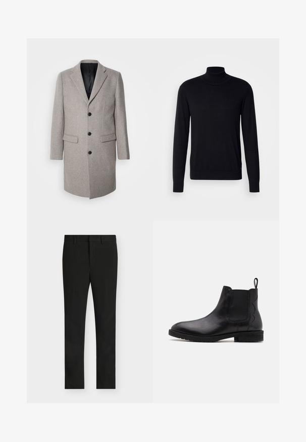 Abrigo de lana gris claro con un diseño a medida, solapas con muesca y tres botones negros. Presenta dos bolsillos frontales y un forro interior negro.; Suéter negro de cuello alto hecho de una tela suave. Presenta mangas largas, cuello y puños acanalados, con una textura suave y sin patrones.; Pantalones de vestir ajustados negros con trabillas para cinturón, cremallera frontal y parte delantera plana, mostrados sobre un fondo gris claro.; Botín Chelsea de cuero negro con paneles laterales elásticos, punta redondeada y tacón bajo. Presenta una lengüeta en la parte trasera para facilitar su uso.
