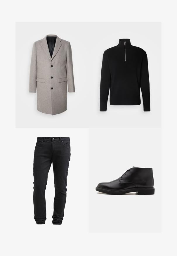 Lys grå uldfrakke med et skræddersyet design, runde slag og tre sorte knapper. Har to forlommer og en sort inderside.; Lindbergh HALF ZIP RIB KNIT - Striktrøje - black; Sorte slim-fit jeans med knap- og lynlås-lukning, fem lommer og elastiske manchetter ved anklerne.; Sort læderankelstøvle med tre snørehuller, rundet tå og flad sål på en ensfarvet lys baggrund.