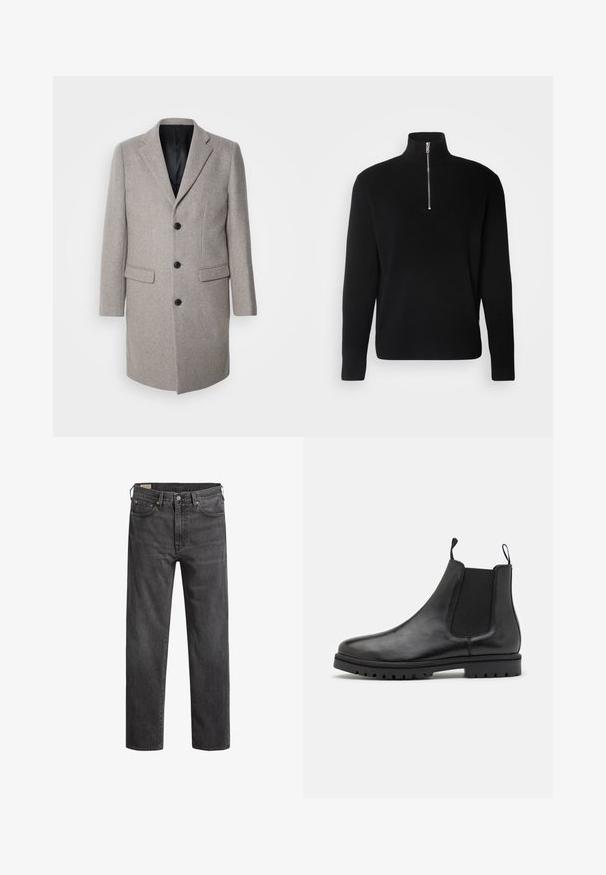 Lys grå uldfrakke med et skræddersyet design, runde slag og tre sorte knapper. Har to forlommer og en sort inderside.; Lindbergh HALF ZIP RIB KNIT - Striktrøje - black; Mørkegrå denim jeans med lige ben, fem lommer og kobbernitter. Klassisk design med en let falmet struktur.; Sorte læder Chelsea støvler med elastiske sidepaneler, trækkemærker og en struktureret gummisål med et slidbane mønster.