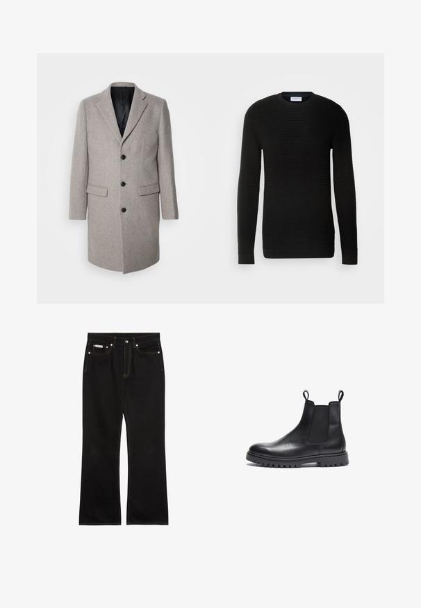 Lys grå uldfrakke med et skræddersyet design, runde slag og tre sorte knapper. Har to forlommer og en sort inderside.; Sort langærmet sweater med ribbet tekstur, rund halsudskæring og tætsiddende manchetter. Fremstillet af et blødt, strækbart materiale.; Sorte jeans med lige ben, orange syning, fem lommer, knaplukning og et lille Calvin Klein-mærke på den forreste højre lomme.; Sorte læder Chelsea-støvler med tekstureret finish, elastiske sidepaneler og trækflapper. Har en kraftig gummisål med mønster.