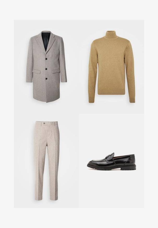 Abrigo de lana gris claro con un diseño a medida, solapas con muesca y tres botones negros. Presenta dos bolsillos frontales y un forro interior negro.; Suéter beige de cuello alto realizado en suave tejido de punto. Presenta mangas largas y un diseño ajustado. Detalles de ribete en el dobladillo y el cuello.; Pantalones de lana beige claro con una textura suave, corte recto, pliegues en la parte frontal y un cierre de botón único en la cinturilla.; ALDO ALERIS - Zapatos sin cordones - black
