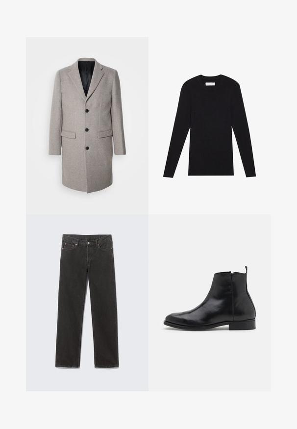 Lichtgrijze wollen jas met een op maat gemaakt ontwerp, ingesneden revers en drie zwarte knopen. Heeft twee voorzakken en een zwarte binnenvoering.; Pier One MUSCLE FIT KNITJUMPER - Trui - black; Zwarte denim jeans met rechte pijpen, voorzakken, riemlussen en knoopsluiting, plat gelegd op een grijze achtergrond.; Zign LEATHER - Lage laarzen - black