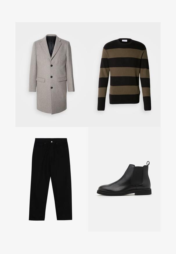 Lys grå uldfrakke med et skræddersyet design, runde slag og tre sorte knapper. Har to forlommer og en sort inderside.; Lindbergh BLOCK STRIPE - Striktrøje - olive; Sorte denim bukser med lige ben, der har to forlommer, en knaplukning foran og subtile syningsdetaljer.; Sorte læder Chelsea støvler med elastiske sidepaneler og en træksløjfe. Rund tå og flad gummisål, der fremviser en glat finish.