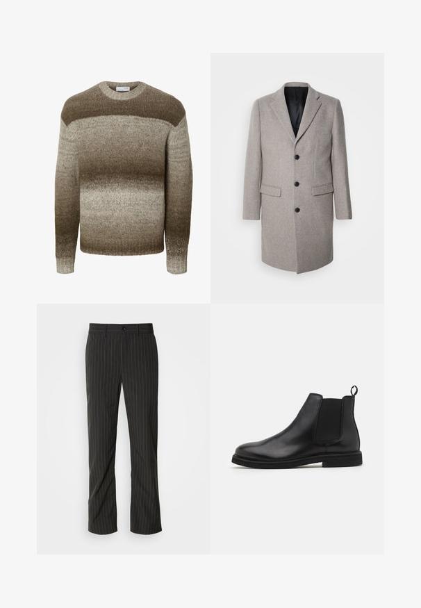 Lys grå uldfrakke med et skræddersyet design, runde slag og tre sorte knapper. Har to forlommer og en sort inderside.; Langærmet strikket sweater med rund hals med horisontale gradientstriber i nuancer af brun og beige.; Sorte skræddersyede bukser med lige snit. Har en glat tekstur, frontlukning med knap og bæltestropper.; Sorte læder Chelsea støvler med elastiske sidepaneler og en træksløjfe. Rund tå og flad gummisål, der fremviser en glat finish.