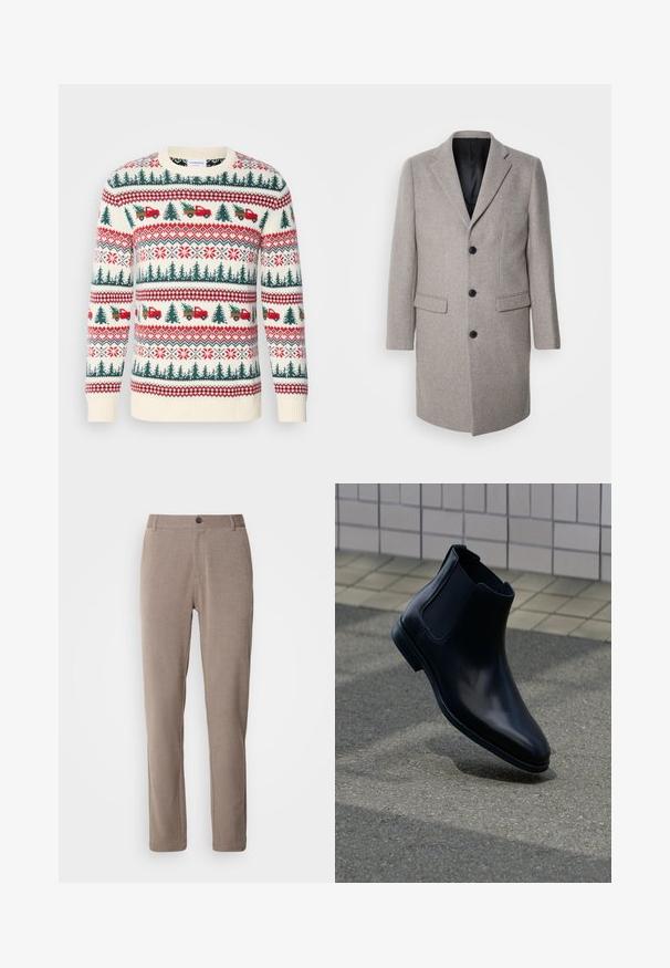 Lys grå uldfrakke med et skræddersyet design, runde slag og tre sorte knapper. Har to forlommer og en sort inderside.; Strikket sweater med en cremet base, røde og grønne mønstre af træer, lastbiler og snefnug, med ribkanter ved ærmerne og kanten.; Beige skræddersyede bukser med lige pasform, 5-lommestil, frontknaplukning og en glat tekstur.; Sort læder Chelsea-støvle med elastiske sidespaneler vist over gråt fortov og fliset vægbaggrund.