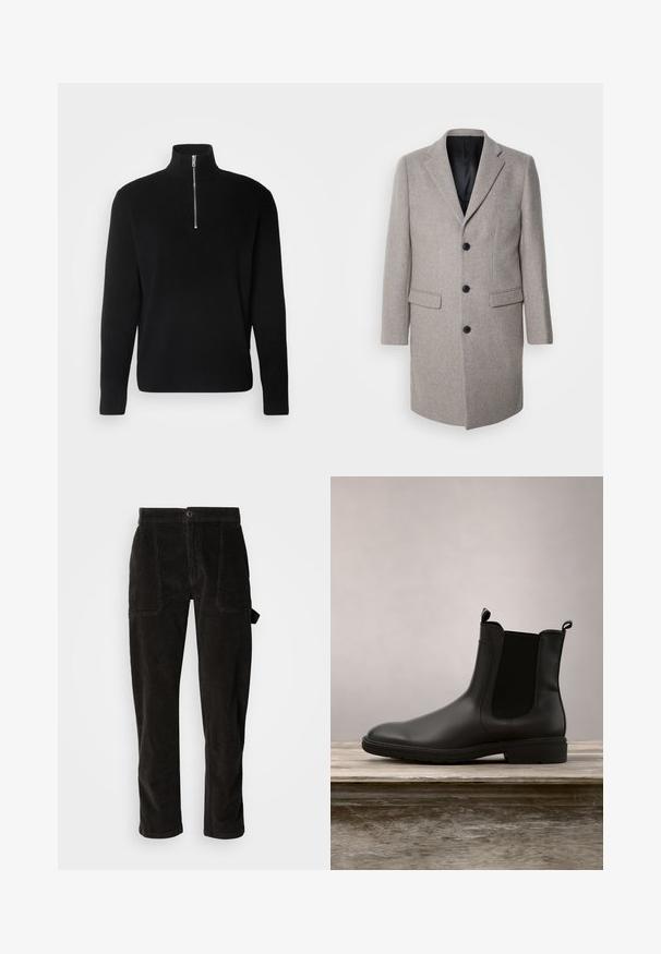 Abrigo de lana gris claro con un diseño a medida, solapas con muesca y tres botones negros. Presenta dos bolsillos frontales y un forro interior negro.; Lindbergh HALF ZIP RIB KNIT - Jersey de punto - black; Pantalones de pana negros con corte recto, dos bolsillos frontales y una cinturilla con cierre de botón único. Tejido texturizado de canalé por toda la prenda.; Botín Chelsea de goma negra con un acabado suave, paneles laterales elásticos y tiradores, que cuenta con un tacón bajo y una suela resistente.