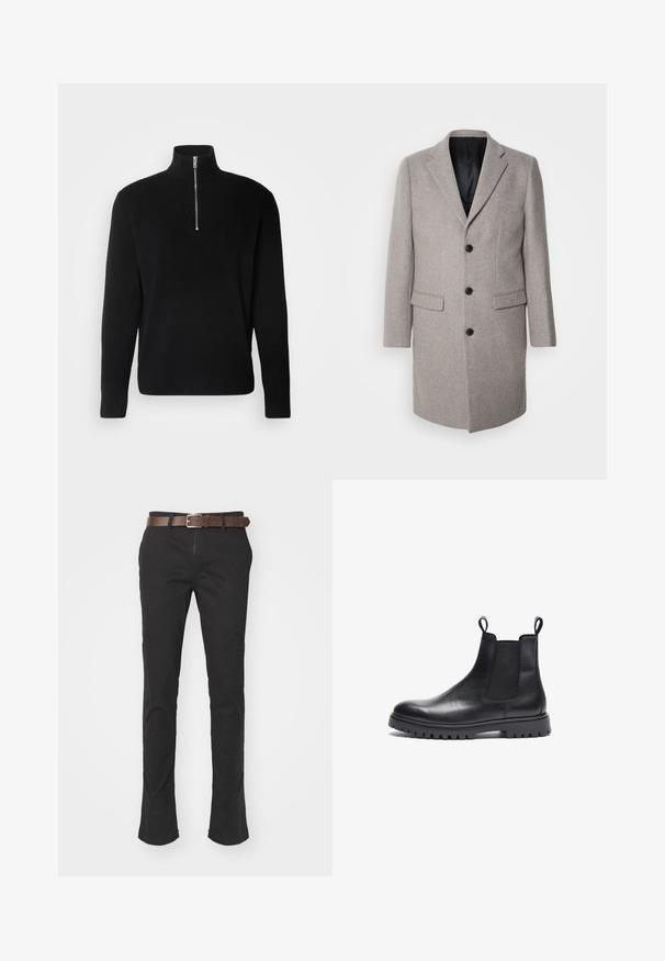 Hellgrauer Wollmantel mit maßgeschneiderter Design, Reverskragen und drei schwarzen Knöpfen. Verfügt über zwei Fronttaschen und ein schwarzes Innenfutter.; Lindbergh HALF ZIP RIB KNIT - Strickpullover - black; Schwarze Baumwollhosen mit geradem Bein, ausgestattet mit einem braunen Ledergürtel und sichtbaren Nähten.; Schwarze Leder Chelsea-Boots mit strukturierter Oberfläche, elastischen Seitenpanels und Zuglaschen. Verfügt über eine klobige Gummisohle mit Profil.
