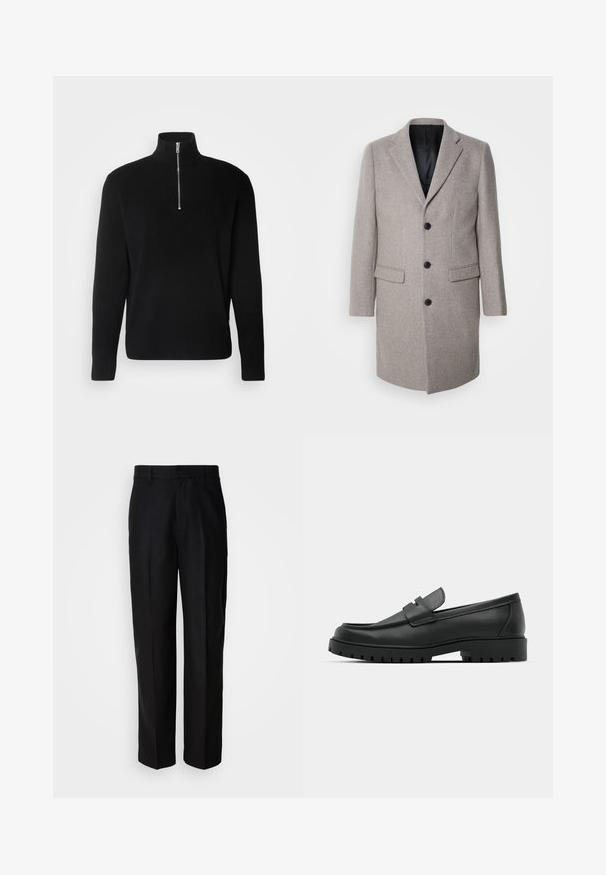 Hellgrauer Wollmantel mit maßgeschneiderter Design, Reverskragen und drei schwarzen Knöpfen. Verfügt über zwei Fronttaschen und ein schwarzes Innenfutter.; Lindbergh HALF ZIP RIB KNIT - Strickpullover - black; Schwarze Hosen aus glattem Stoff, mit geradem Bein, flacher Front und Gürtelschlaufen, vor einem schlichten Hintergrund präsentiert.; Schwarze Lederloafer mit runder Zehenform, ausgestattet mit einem gesteppten Design, niedrigem Plattformsohle und einer strukturierten, genoppten Gummisohle.