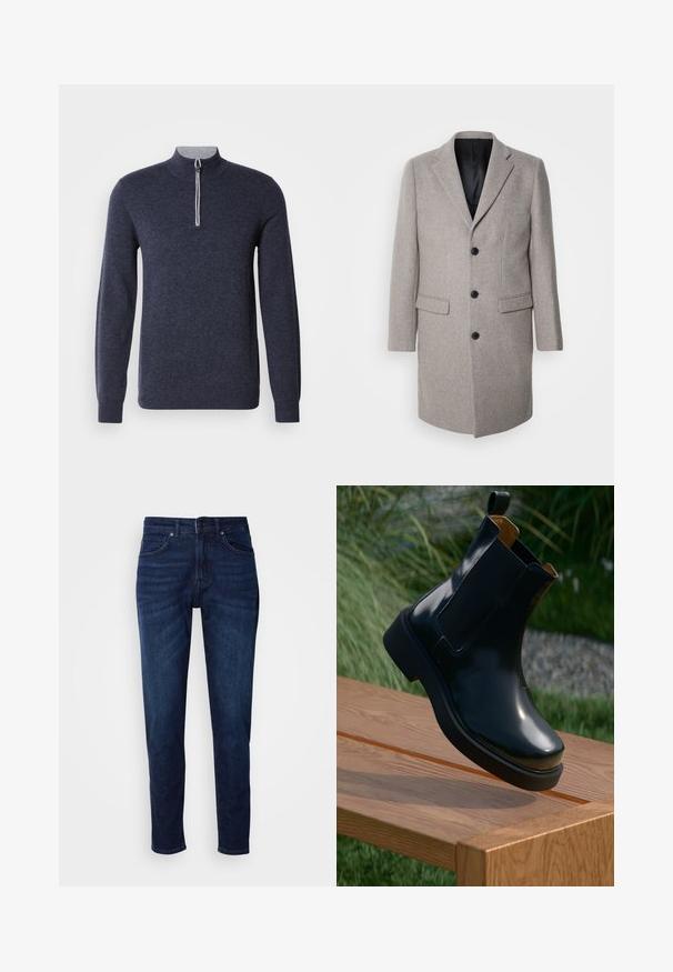 Lys grå uldfrakke med et skræddersyet design, runde slag og tre sorte knapper. Har to forlommer og en sort inderside.; Mørkeblå halv-zip sweater med en grå krave. Fremstillet af et struktureret stof, med lange ærmer og en tætsiddende pasform.; Mørkeblå denimbukser med lige ben, der har lommer og knaplukning i taljen. Blød tekstur, minimal falming.; Sorte læder chelsea støvle med glat finish, elastiske sidepaneler, rund tå og tyk gummisål, placeret ovenfor en træoverflade.