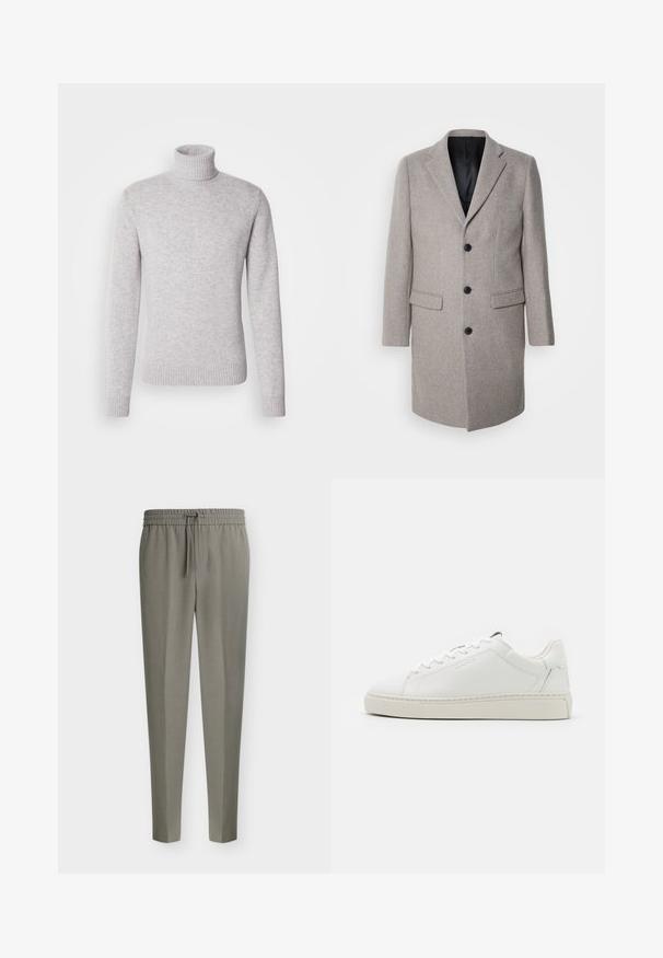 Lys grå uldfrakke med et skræddersyet design, runde slag og tre sorte knapper. Har to forlommer og en sort inderside.; Lys grå turtleneck sweater lavet af blødt strikket stof. Har ribbede kanter ved hals og ærmer. Klassisk, tætsiddende form med lange ærmer.; Herrers lysegrå skræddersyede bukser med tilspidsede ben og en elastisk talje med snørre foran.; GANT MC JULIEN - Sneakers - white
