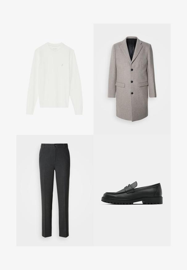 Manteau en laine gris clair au design ajusté, avec des revers crantés et trois boutons noirs. Il dispose de deux poches avant et d'une doublure noire.; Pull blanc à manches longues en maille douce. Il présente un col rond et un petit motif d'oiseau brodé sur le côté gauche de la poitrine.; Pantalons gris foncé sur mesure en tissu lisse, dotés d'une fermeture à bouton, de deux poches avant et d'une coupe droite.; Mocassins en cuir noir à bout arrondi, avec un design cousu, une semelle plateforme basse et une semelle en caoutchouc texturée et crantée.