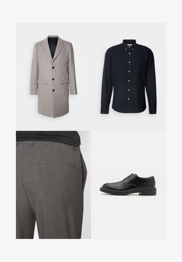 Abrigo de lana gris claro con un diseño a medida, solapas con muesca y tres botones negros. Presenta dos bolsillos frontales y un forro interior negro.; Camisa de botón de manga larga negra de algodón, con cuello puntiagudo, botones blancos y un dobladillo recto con puños abotonados.; Pantalones grises ajustados con una textura suave, que cuentan con un bolsillo trasero y un diseño slim fit. La tela tiene un patrón sutil.; Zapato negro de cuero con cordones, punta redondeada, textura suave, costuras mínimas y tacón bajo de goma. Logo en el tacón.