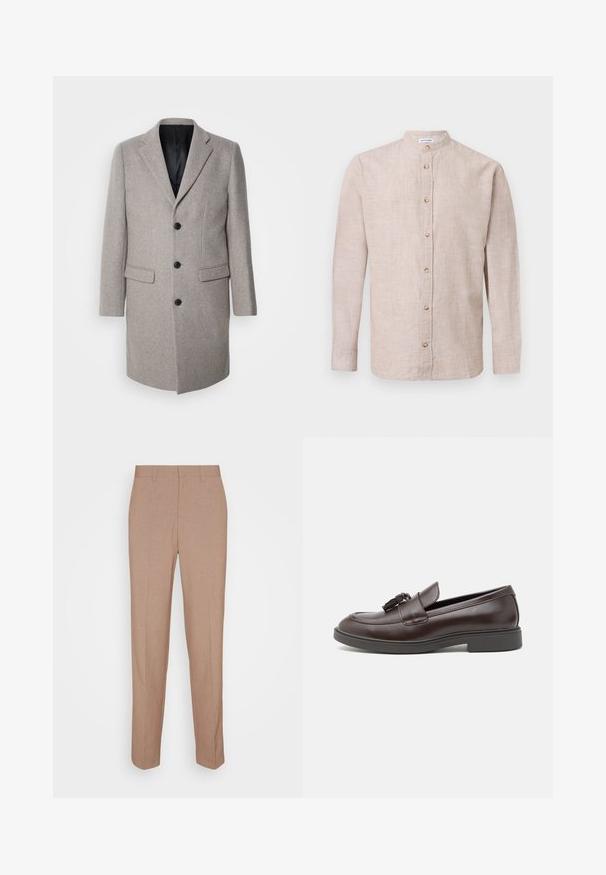 Lys grå uldfrakke med et skræddersyet design, runde slag og tre sorte knapper. Har to forlommer og en sort inderside.; Beige linneskjorte med lange ærmer, stående krave og brune knapper foran.; Beige skræddersyede bukser i en glat, struktureret stof. Straight fit med en linning og uden synlige pyntedetaljer eller lommer.; Brune læder loafers med rund tå, en dekorativ kvast, syede detaljer og en lav gummisål for ekstra komfort.