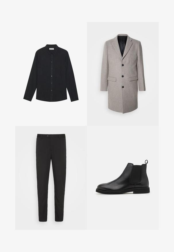 Manteau en laine gris clair au design ajusté, avec des revers crantés et trois boutons noirs. Il dispose de deux poches avant et d'une doublure noire.; Chemise noire à manches longues en tissu doux, avec un devant à boutons, un col et un ourlet droit avec une texture subtile.; Pantalons noirs taillés avec une coupe droite, poches avant et fermeture à bouton. Fabriqués en tissu lisse avec un léger éclat.; Bottines Chelsea en cuir noir avec panneaux élastiques sur les côtés et une languette. Bout arrondi et semelle en caoutchouc plate, mettant en valeur une finition lisse.