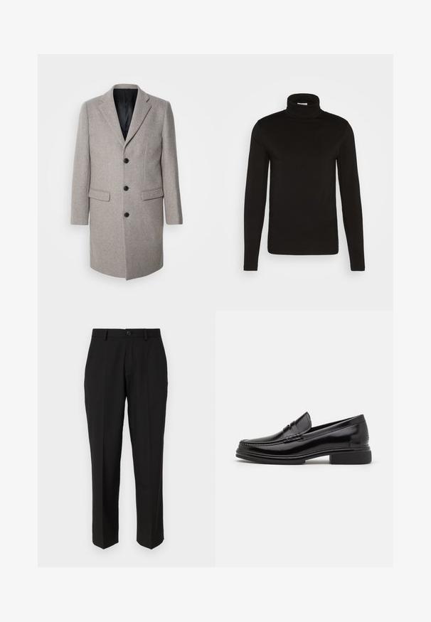 Lys grå uldfrakke med et skræddersyet design, runde slag og tre sorte knapper. Har to forlommer og en sort inderside.; Sort turtleneck langærmet skjorte lavet af et glat stof med en tætsiddende design og en høj, tætsiddende krave. Ingen mønstre eller accenter synlige.; Sorte bukser lavet af glat stof, med lige ben design, forlommer, en enkelt knaplukning, og uden synlige mønstre.; Sorte læder loafers med en rund tå, der har en syet detalje over vristen og en lav blokhæl. Glat tekstur og blank finish.