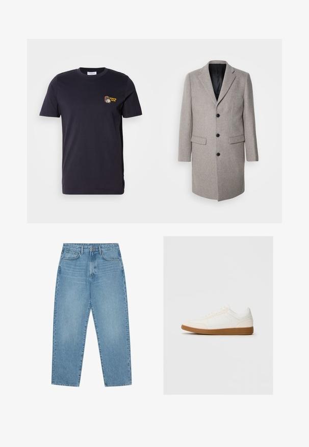 Lys grå uldfrakke med et skræddersyet design, runde slag og tre sorte knapper. Har to forlommer og en sort inderside.; Mørkeblå bomuld t-shirt med korte ærmer og rund hals. Indeholder et lille broderet design med tekst på venstre brystområde.; Lyseblå denimjeans med lige ben, fem-lomme design og en let falmet struktur. Indeholder knap- og lynlåslukning.; Hvide sneakers med en ruskind tåspids, glat syntetisk overdel og tan gummisål. Har perforeringer på siderne for åndbarhed.