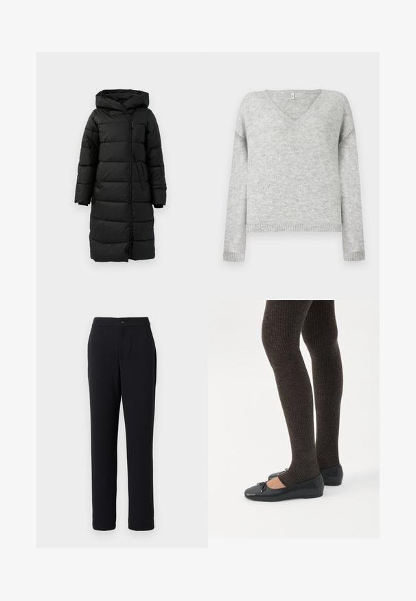 Sort pufferjakke med hætte, udstyret med en fuld lynlås, lange ærmer og vandrette quiltede sektioner til isolering.; Grå v-hals sweater lavet af blødt materiale, med en afslappet pasform og prydet med små sølvfarvede pailletter over hele stoffet.; Sorte bukser med lige ben design, lavet af glat stof. Har en frontknaplukning og sidelommer.; Ben iført mørke ribbede leggings kombineret med sorte balletsko med små sløjfedetaljer på hvid baggrund.