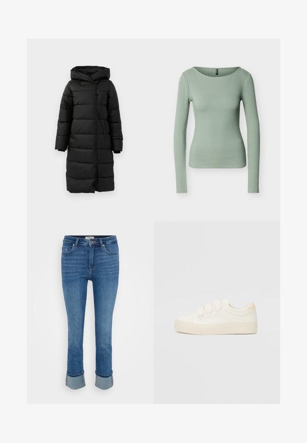 Zwarte gewatteerde jas met een capuchon, voorzien van een volle rits, lange mouwen en horizontaal gestikte delen voor isolatie.; Lichtgroen, geribbeld, nauwsluitend shirt met lange mouwen en een ronde hals, weergegeven op een effen witte achtergrond.; Blauwe denim jeans met voorzakken, knoopsluiting en opgerolde manchetten tegen een effen lichte achtergrond.; Witte sneakers met een gladde leren uitstraling, drie klittenbandsluitingen, ronde neus en een gestructureerde rubberen zool. Achteraccent in beige.