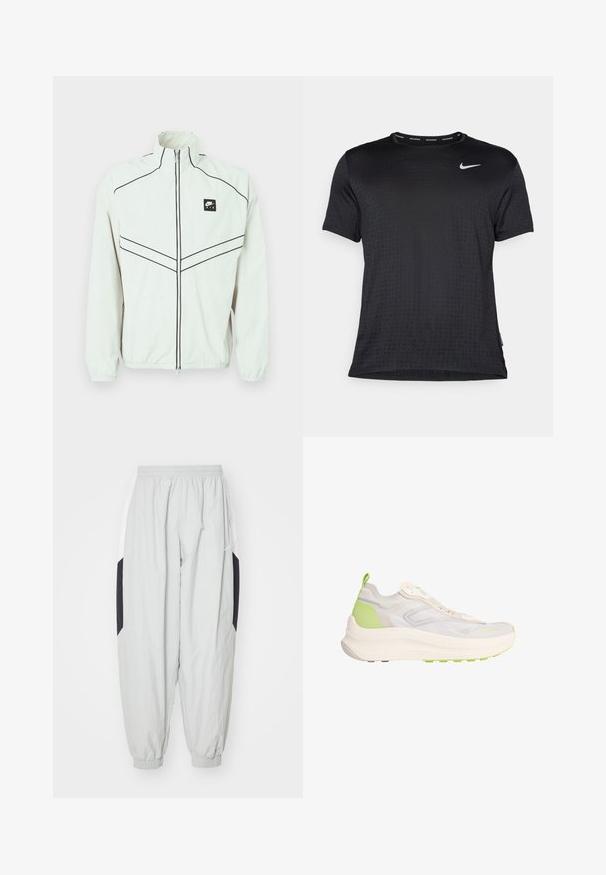 Hvid letvægtsjakke med høj krave, sort lynlås og broderet logo. Har sorte kantbånd og elastiske manchetter for et tætsiddende look.; Sort atletisk T-shirt med korte ærmer, rund hals, åndbart stof, diskret mønster af hævede prikker og et lille hvidt Nike-logo på brystet.; Lys grå træningsbukser lavet af letvægtsstof, med elastisk talje og manchetter, samt kontrasterende sorte og hvide sidelapper.; Lyse beige og grøn atletiksneaker med chunky sål, mesh overdel, trækflap ved hælen og diskret branding på tåområdet.