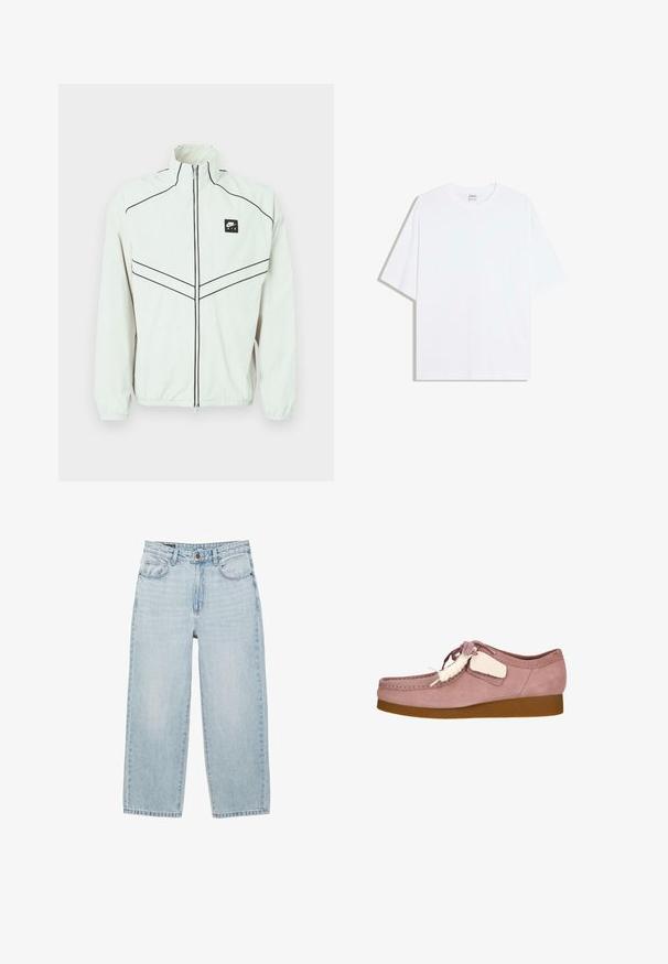 Witte lichtgewicht jas met een hoge kraag, zwarte ritssluiting en geborduurd logo. Voorzien van zwarte biezen en elastische manchetten voor een aangesloten look.; Wit oversized katoenen T-shirt met een ronde hals en korte mouwen; gladde textuur, zonder zichtbare patronen of accenten.; Lichtblauwe rechte denim jeans met hoge taille, voorste knoop, ritssluiting, riemlussen en vijfzakkenontwerp op een witte achtergrond.; Lichtroze suède schoen met een ronde neus, vetersluiting en een crèmekleurig accentlabel. Voorzien van een tan rubberen zool voor extra grip.