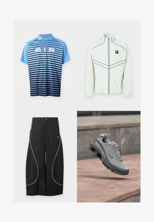 Weiße leichte Jacke mit hohem Kragen, schwarzem Reißverschluss und gesticktem Logo. Verfügt über schwarze Paspelierungen und elastische Bündchen für eine figurbetonte Passform.; Nike Poloshirt in Hellblau mit horizontalen Streifen, die von Dunkelblau zu Hellblau übergehen. Verfügt über einen Kragen und ein weißes "AIR"-Logo.; Schwarze Nike-Hose mit weitem Bein, neongrünem, geschwungenem Paspel und kleinem Nike-Swoosh-Logo auf dem rechten Oberschenkel, mit Knopf- und Reißverschlussbund.; Grau-weißer Nike-Sneaker, der über einer Steinstufe schwebt, mit sichtbarer Luftdämpfung und strukturiertem Sohlenprofil.