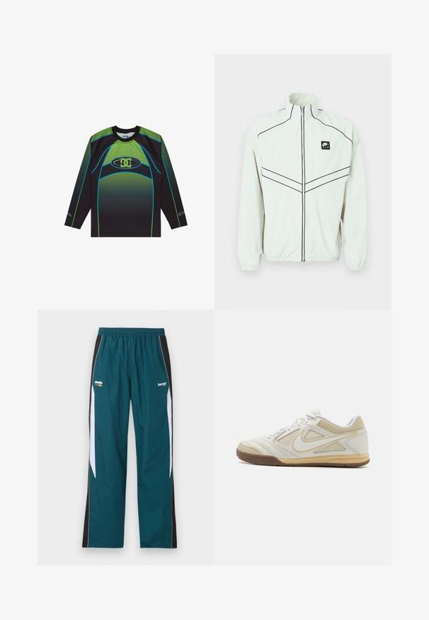 Chaqueta blanca ligera con cuello alto, cierre negro y logo bordado. Cuenta con ribetes negros y puños elásticos para un ajuste ceñido.; Camisa deportiva de manga larga hecha de tela de malla negra y verde, con un diseño degradado, el logo de DC y acentos azules en contraste.; Pantalones deportivos azul verdoso con paneles laterales en blanco y negro, cintura elástica y pequeños logos "moto" y "bareen" en la parte superior de los muslos.; Zapatilla deportiva blanca con parte superior texturizada, detalles en gris, diseño de cordones y suela de goma color marrón. Presenta un logotipo distintivo en el lateral.