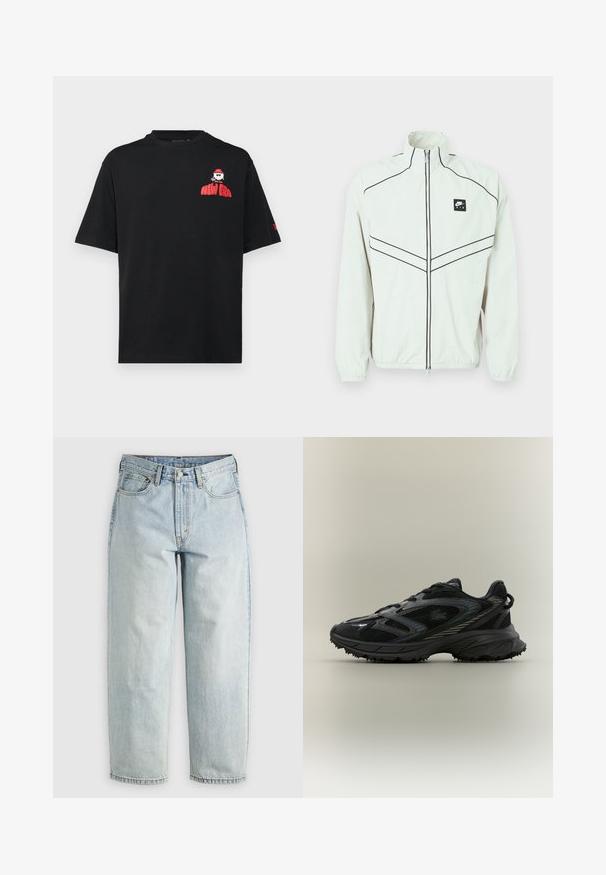 Weiße leichte Jacke mit hohem Kragen, schwarzem Reißverschluss und gesticktem Logo. Verfügt über schwarze Paspelierungen und elastische Bündchen für eine figurbetonte Passform.; Schwarzes Baumwoll-T-Shirt mit kurzen Ärmeln, rundem Ausschnitt und rographic "NEW ERA" auf der linken Brust. Einfaches, lockeres Design.; Hellblaue Jeans aus Denim mit geradem Bein, fünf Taschen und einem Knopfverschluss; mit verblassten Bereichen und dezenten Nähdetails.; Schwarzer Sportschuh mit Netz панели, einer strukturierten Sohle, Schnürsenkeln und einer geschwungenen Silhouette mit silbernen Akzenten an den Seiten.