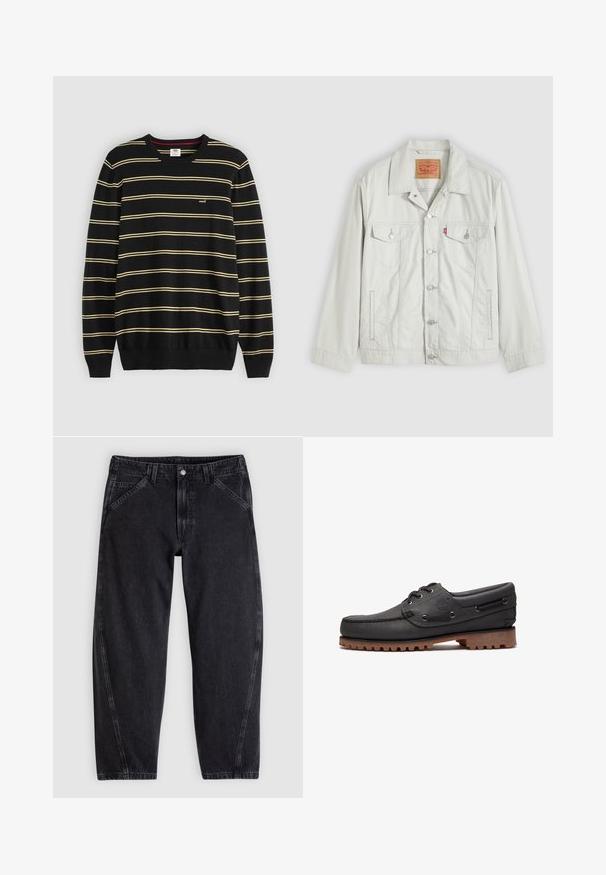 Lysegrå knap-op denimjakke med krave, forlommer med klap, sidelommer og Levi's logo-tag på brystlommen.; Sort sweater med vandrette gule striber, ribbet rund halsudskæring og manchetter; lille logo på venstre bryst.; Sorte denimjeans med løs pasform, der har en standard-taljebånd, femlomme-design og kontrastsyning langs sømmene.; Sort læder bådsko med snøredetaljer, rund tå, struktureret brun gummisål og sydd læderside.