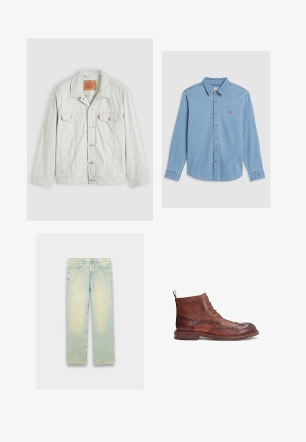 Lysegrå knap-op denimjakke med krave, forlommer med klap, sidelommer og Levi's logo-tag på brystlommen.; Lyseblå denimskjorte med lange ærmer, knaplukning foran og spidse kraver. Har brune knapper og et lille rødt logo-patch.; Lyseblå denimjeans med løs pasform, fem lommer, lynlås og en slidt finish langs lår og knæ.; Brune læderstøvle med dekorative brogue-detaljer, rund tå, snøredesign og lav stak heel. Inkluderer en bageste pull-tab.