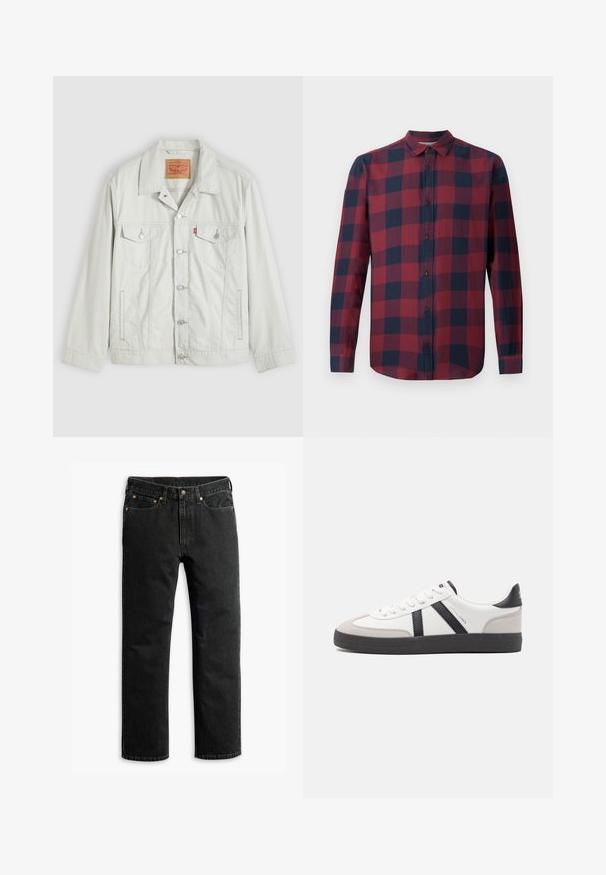 Lichtgrijs denimjack met knopen, kraag, klepzakken aan de voorkant, zijzakken en Levi's-logo op het borstzakje.; Rood en marineblauw geruit overhemd met lange mouwen, een button-down kraag en donkere knopen. Gemaakt van lichtgewicht stof met een gladde textuur.; Zwarte rechte spijkerbroek met vijf zakken, riemlussen en een knoopsluiting in de taille, plat gelegd op een witte achtergrond.; Witte sneaker met zwarte en grijze accenten, voorzien van een grijze neus met textuur, zwarte rubberen zool en platte witte veters. Schoon ontwerp, minimalistische stijl.